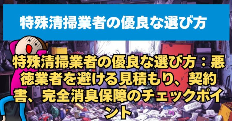 特殊清掃業者の優良な選び方：悪徳業者を避ける見積もり、契約書、完全消臭保障のチェックポイント